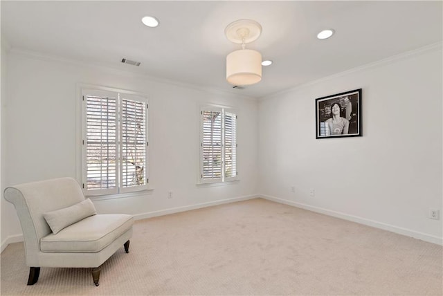 living area featuring visible vents, ornamental molding, recessed lighting, baseboards, and light colored carpet