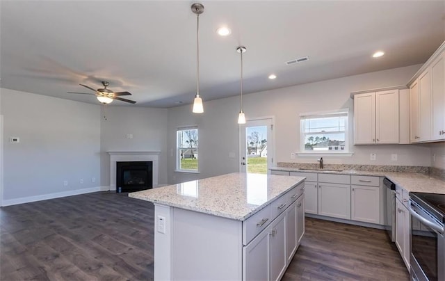 653 Forest Way, Cornelia, GA 30531 - kitchen with a sink, appliances with stainless steel finishes, ceiling fan, dark wood-type flooring, and a kitchen island