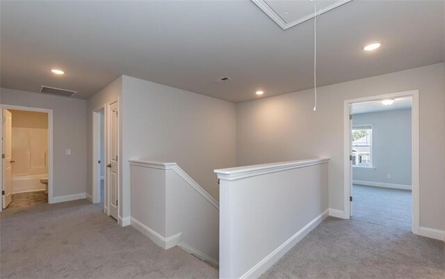 653 Forest Way, Cornelia, GA 30531 - hallway featuring attic access, an upstairs landing, carpet, recessed lighting, and baseboards