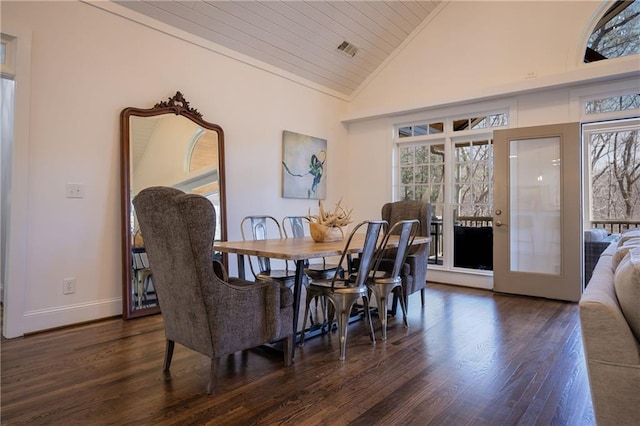 dining room with baseboards, visible vents, wood finished floors, and french doors