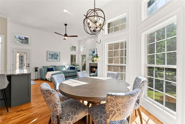 dining space featuring ceiling fan with notable chandelier, light hardwood / wood-style floors, and a healthy amount of sunlight