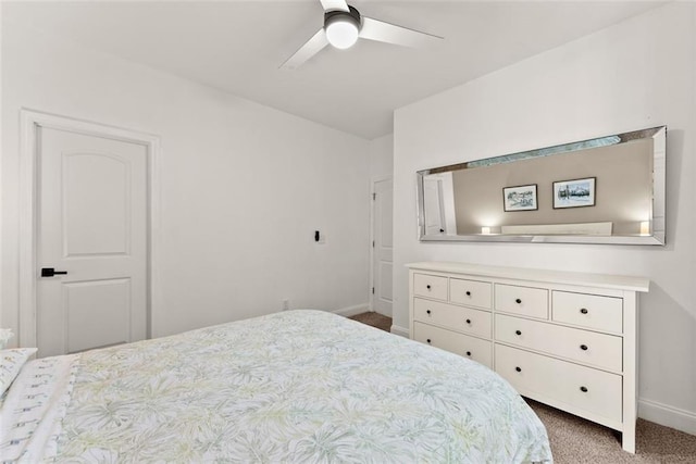 bedroom with ceiling fan and carpet floors