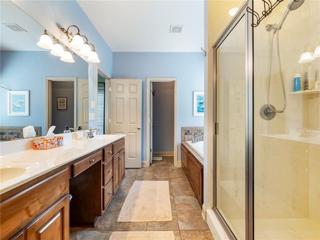 11 Stillwater Way, Hoschton, GA 30548 - full bathroom featuring double vanity, a garden tub, a stall shower, and stone finish floors