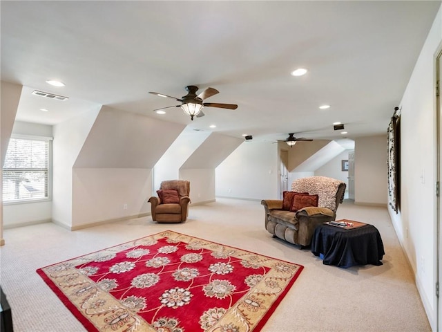 11 Stillwater Way, Hoschton, GA 30548 - sitting room featuring carpet flooring, a ceiling fan, lofted ceiling, and recessed lighting