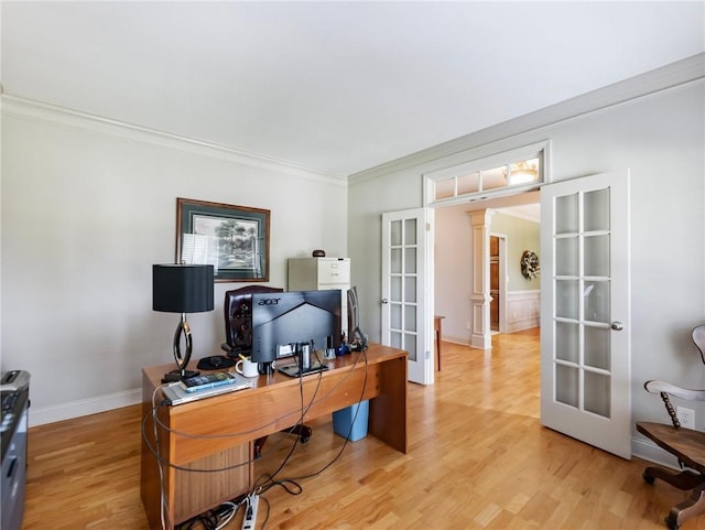 11 Stillwater Way, Hoschton, GA 30548 - office space with french doors, crown molding, light wood-type flooring, and decorative columns