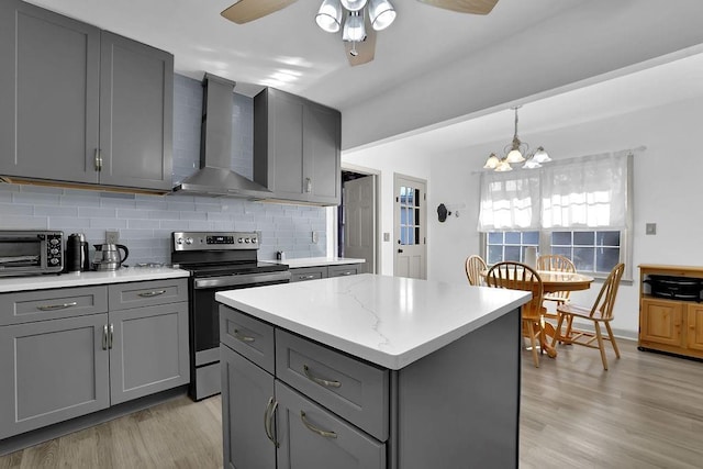 kitchen with a center island, backsplash, electric range, wall chimney exhaust hood, and gray cabinets