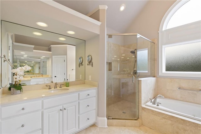 2675 Portabella Ln, Cumming, GA 30041 - full bath featuring a stall shower, a bath, vanity, tile patterned flooring, and vaulted ceiling