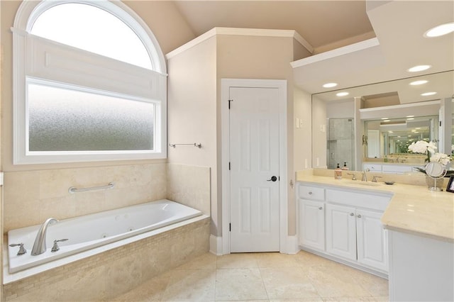 2675 Portabella Ln, Cumming, GA 30041 - bathroom featuring a whirlpool tub, vanity, tile patterned floors, an enclosed shower, and recessed lighting