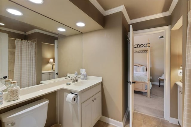 2675 Portabella Ln, Cumming, GA 30041 - ensuite bathroom featuring vanity, ornamental molding, toilet, recessed lighting, and baseboards