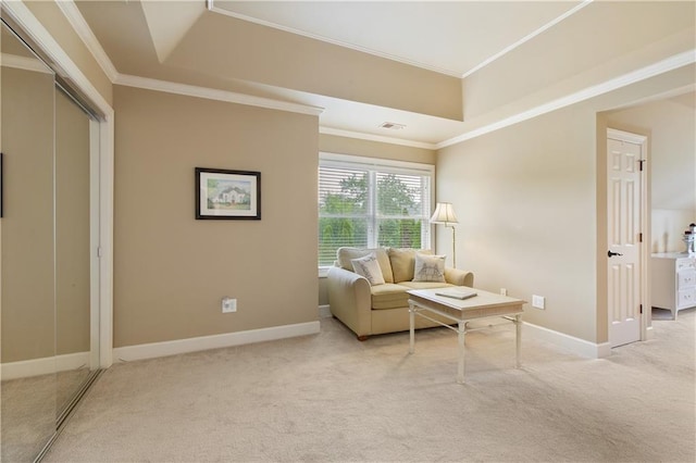 2675 Portabella Ln, Cumming, GA 30041 - living room featuring carpet floors, baseboards, ornamental molding, and a raised ceiling