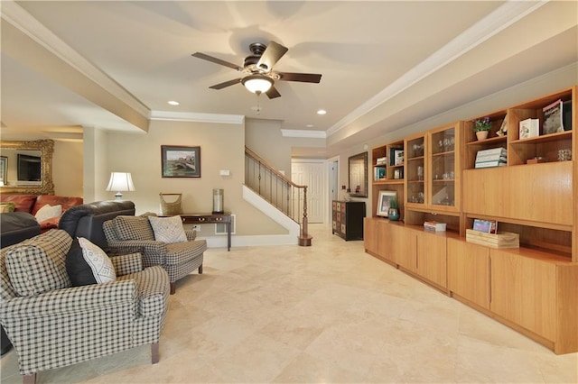 2675 Portabella Ln, Cumming, GA 30041 - living area featuring stairs, crown molding, ceiling fan, recessed lighting, and baseboards