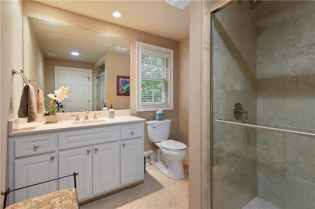 2675 Portabella Ln, Cumming, GA 30041 - full bath featuring vanity, a shower stall, toilet, recessed lighting, and tile patterned floors