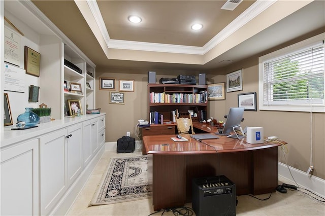 2675 Portabella Ln, Cumming, GA 30041 - office with ornamental molding, a tray ceiling, recessed lighting, and baseboards