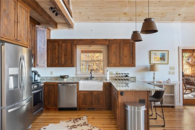 kitchen with stainless steel appliances, wooden ceiling, sink, and light hardwood / wood-style floors