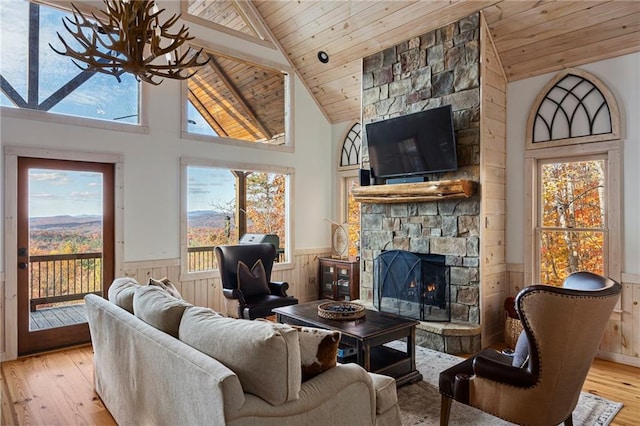 living room featuring high vaulted ceiling, light hardwood / wood-style floors, a fireplace, and wood ceiling