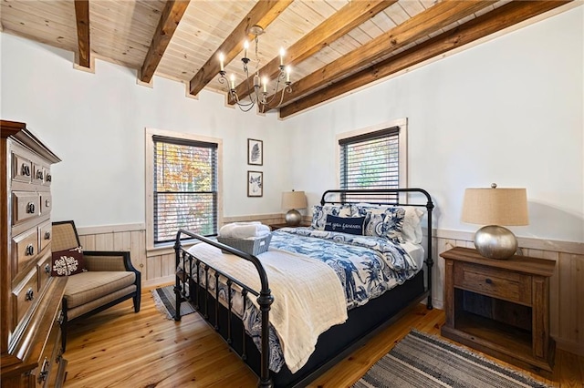 bedroom with beam ceiling, hardwood / wood-style floors, and wood ceiling