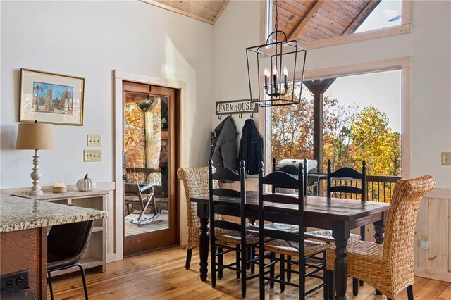 dining space with high vaulted ceiling, an inviting chandelier, wood ceiling, and light hardwood / wood-style flooring