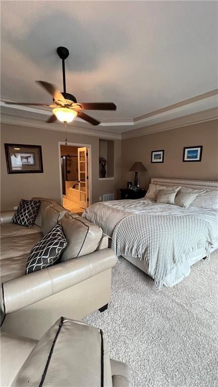 1175 Grassy Oat Ln, Lawrenceville, GA 30045 - bedroom with ornamental molding, a tray ceiling, and ceiling fan