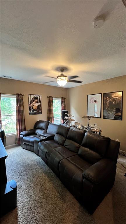 1175 Grassy Oat Ln, Lawrenceville, GA 30045 - carpeted living room featuring healthy amount of natural light, a textured ceiling, and ceiling fan
