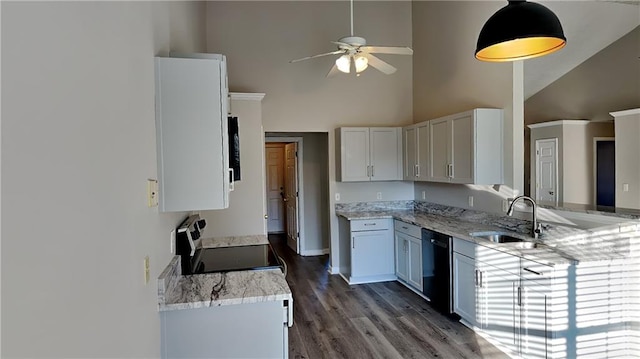 kitchen featuring dishwasher, a ceiling fan, electric range oven, wood finished floors, and a sink