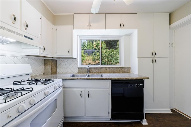 kitchen with dishwasher, white cabinetry, sink, backsplash, and white gas stove