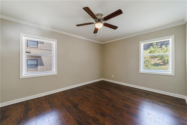 empty room featuring ceiling fan, dark hardwood / wood-style flooring, and ornamental molding