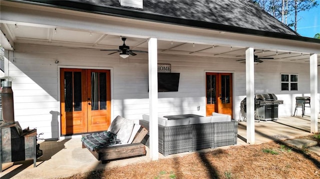 exterior space with area for grilling, outdoor lounge area, french doors, and ceiling fan