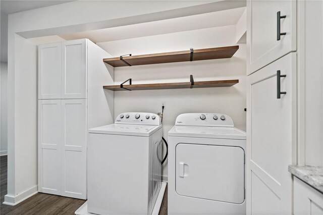 1379 Keys Lake Dr NE, Brookhaven, GA 30319 - laundry room featuring cabinet space, baseboards, dark wood finished floors, and washing machine and clothes dryer
