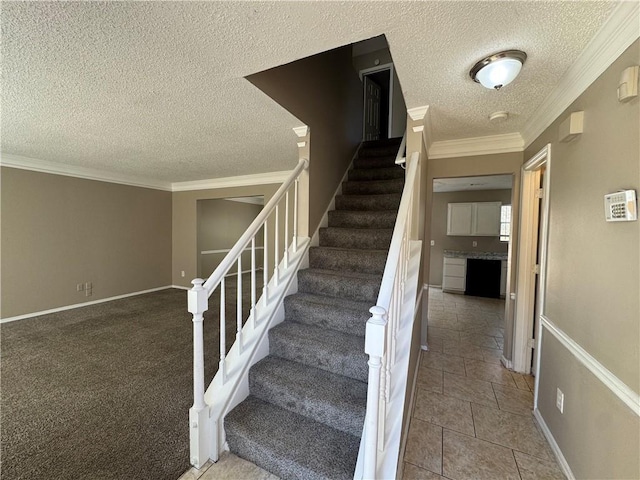 stairs featuring tile patterned floors and crown molding