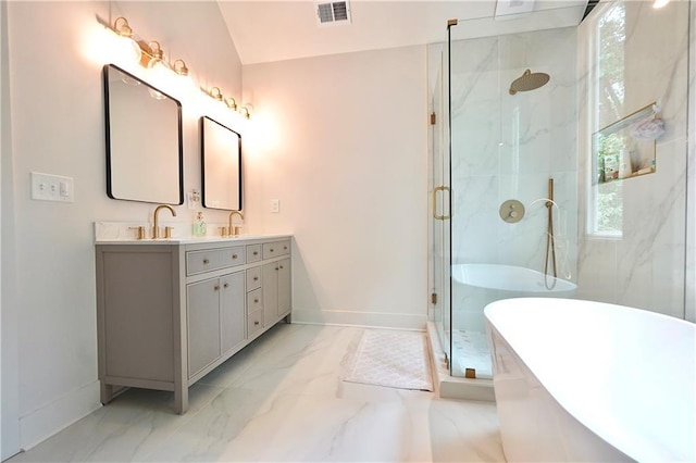455 Saddle Bow Dr, Lawrenceville, GA 30046 - bathroom featuring marble tiled flooring, baseboards, a marble finish shower, a soaking tub, and double vanity