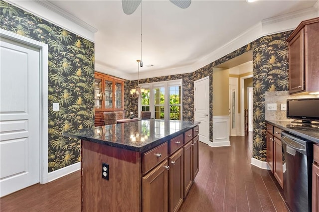 4535 Vanadium Bnd, Cumming, GA 30040 - kitchen with wallpapered walls, dishwasher, dark wood-style floors, crown molding, and wainscoting
