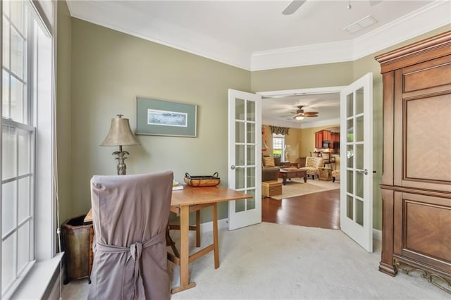4535 Vanadium Bnd, Cumming, GA 30040 - home office featuring french doors, ceiling fan, ornamental molding, and light colored carpet
