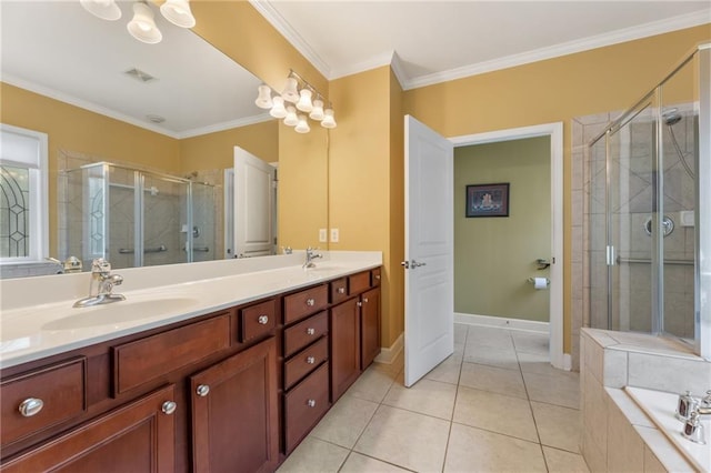 4535 Vanadium Bnd, Cumming, GA 30040 - bathroom featuring double vanity, a shower stall, a garden tub, tile patterned flooring, and ornamental molding