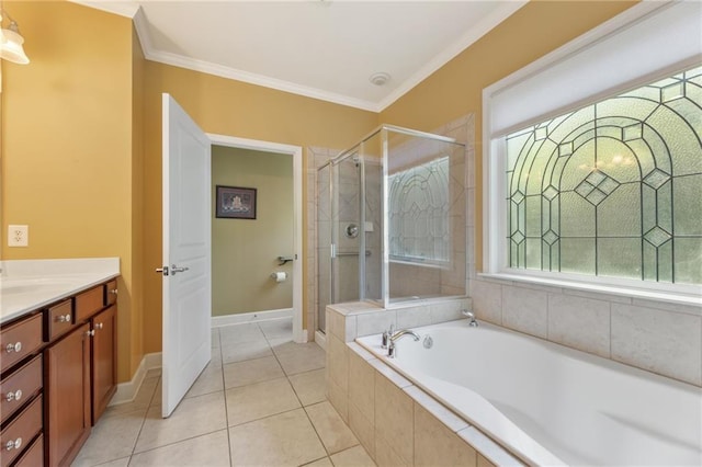 4535 Vanadium Bnd, Cumming, GA 30040 - full bath featuring a garden tub, a stall shower, vanity, ornamental molding, and tile patterned floors