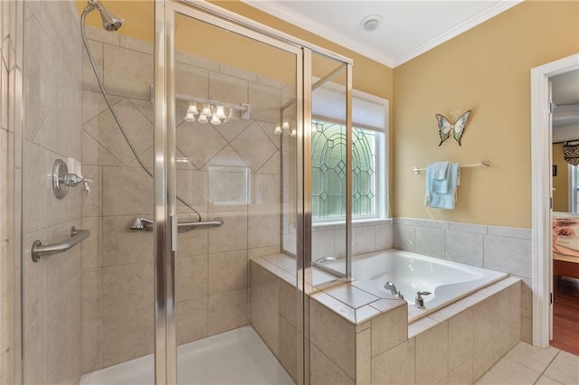 4535 Vanadium Bnd, Cumming, GA 30040 - full bathroom featuring a bath, a shower stall, ornamental molding, and tile patterned flooring