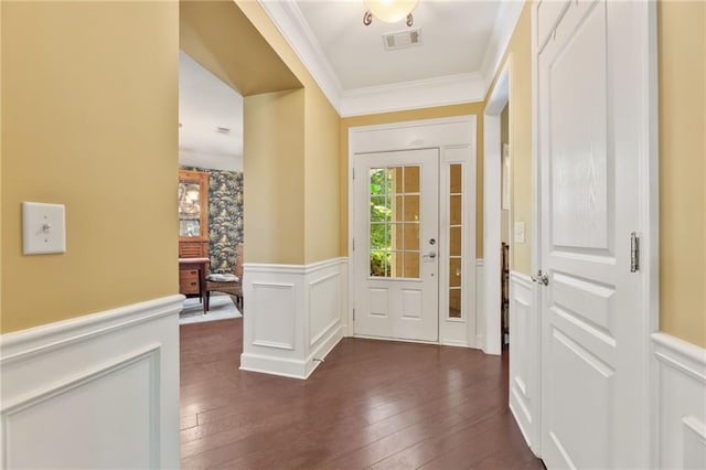 4535 Vanadium Bnd, Cumming, GA 30040 - entrance foyer with wainscoting, ornamental molding, a decorative wall, and dark wood-style floors