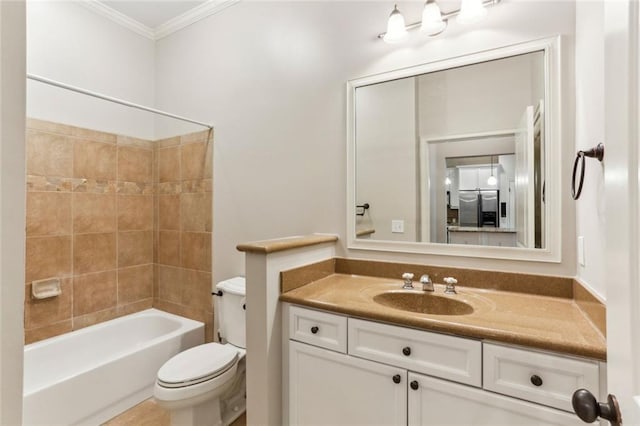 bathroom with crown molding, toilet, vanity, and shower / tub combination