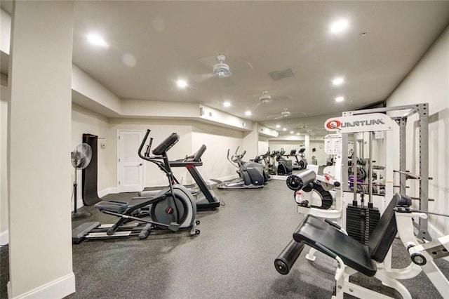 exercise room with ceiling fan, recessed lighting, and baseboards