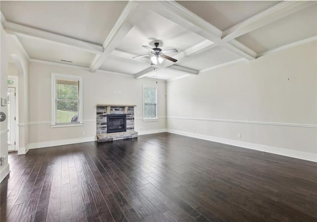 unfurnished living room with coffered ceiling, dark wood-type flooring, a fireplace, and a healthy amount of sunlight