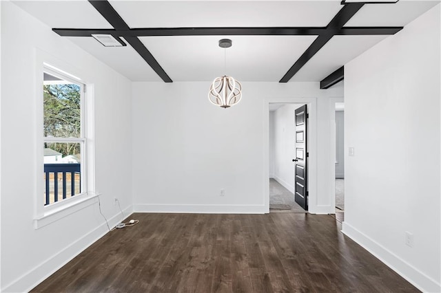 unfurnished dining area featuring dark hardwood / wood-style flooring, beam ceiling, and a notable chandelier