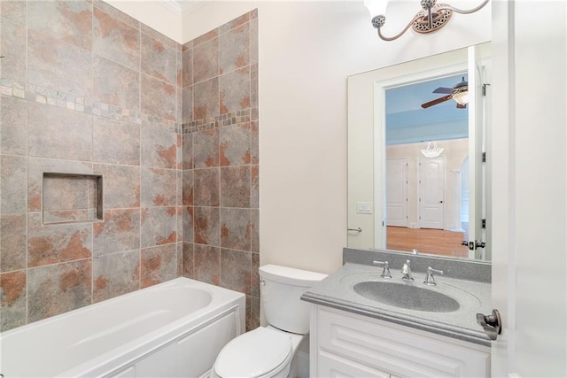 full bathroom featuring toilet,  shower combination, a ceiling fan, and vanity