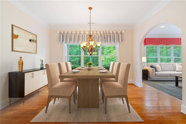 dining area featuring ornamental molding, a healthy amount of sunlight, light wood finished floors, and an inviting chandelier