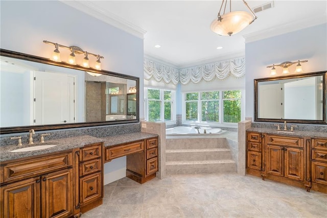 bathroom featuring ornamental molding, visible vents, a sink, and a bath