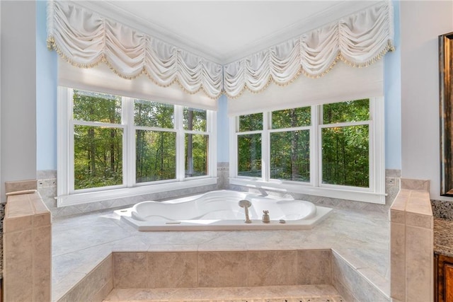 bathroom with a bath and crown molding