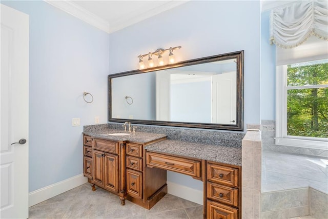 bathroom with ornamental molding, tile patterned flooring, vanity, and baseboards