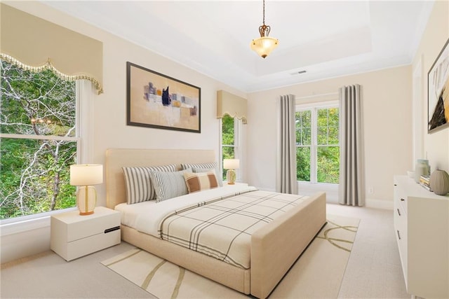 bedroom with light colored carpet, a raised ceiling, multiple windows, and visible vents