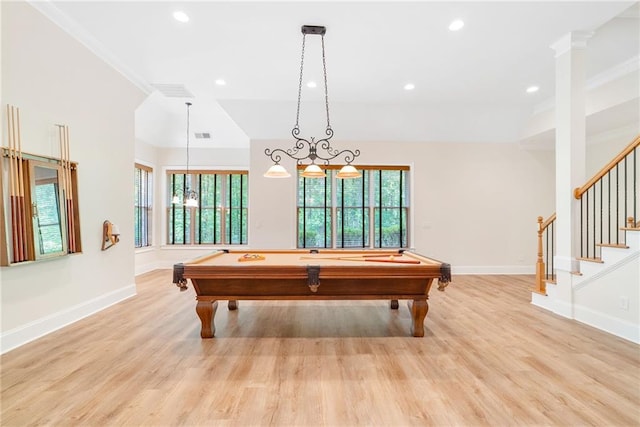 game room featuring pool table, light wood-style flooring, and baseboards