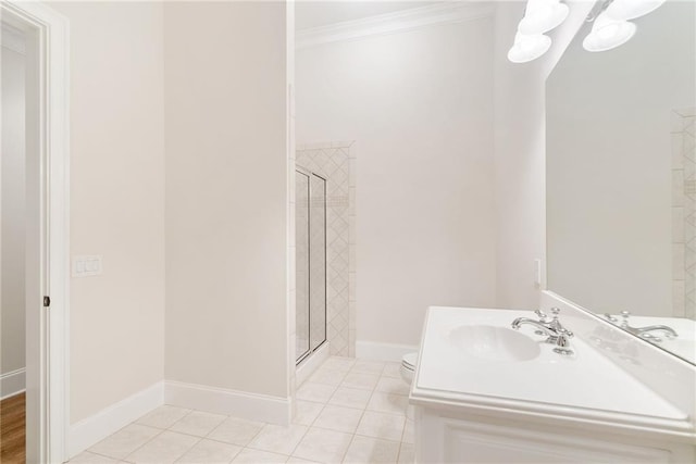 bathroom featuring ornamental molding, tile patterned flooring, a shower stall, and toilet