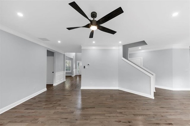 unfurnished living room with stairway, wood finished floors, a ceiling fan, recessed lighting, and ornamental molding