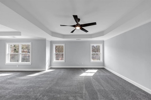 spare room featuring a wealth of natural light, a ceiling fan, a raised ceiling, and baseboards